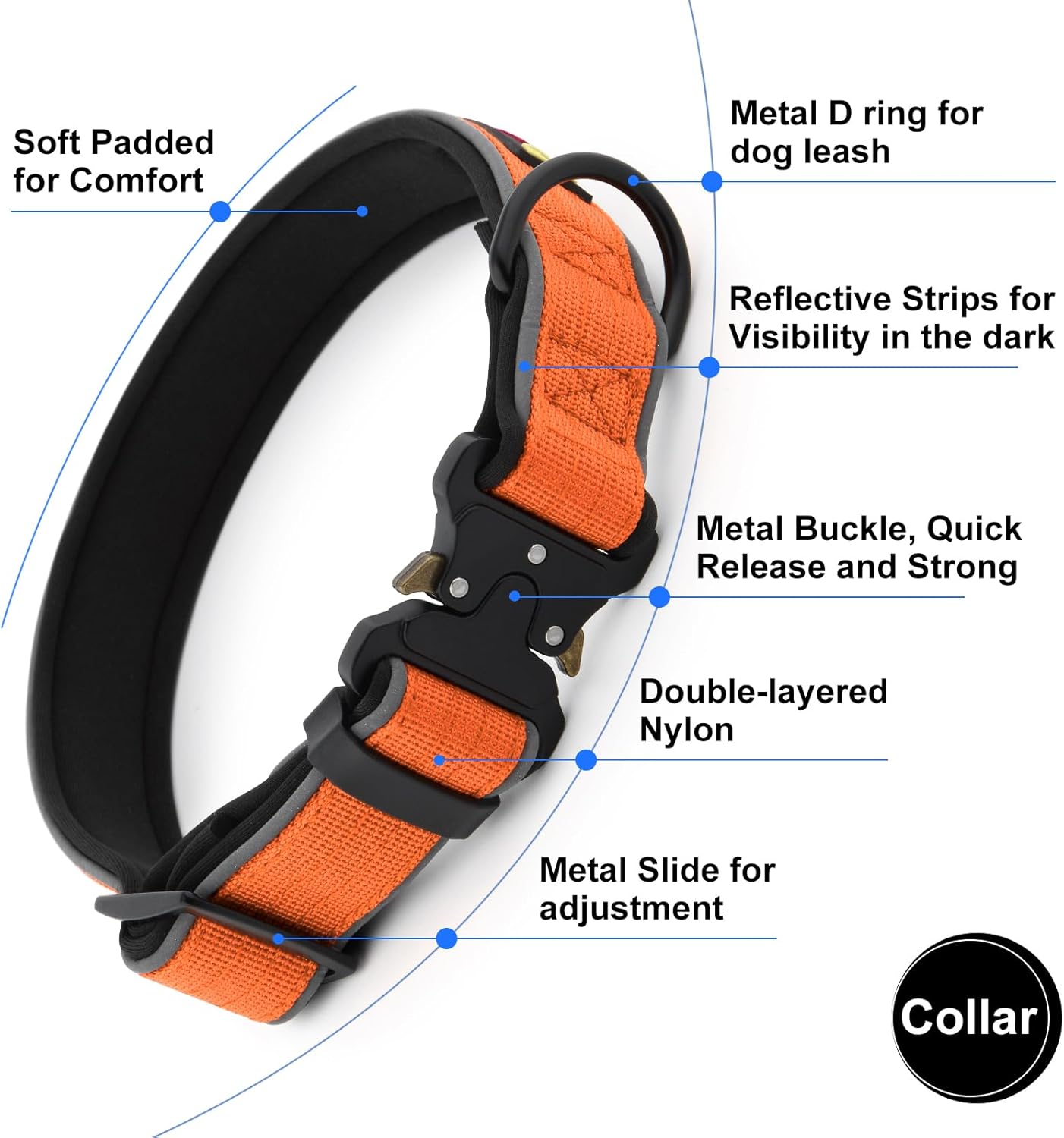 Plutus Pet Tactical Dog Collar, Reflective, Adjustable Heavy Duty Dog Collar, Soft Padded and Comfortable, for Small Medium and Large Dogs (Orange, L)