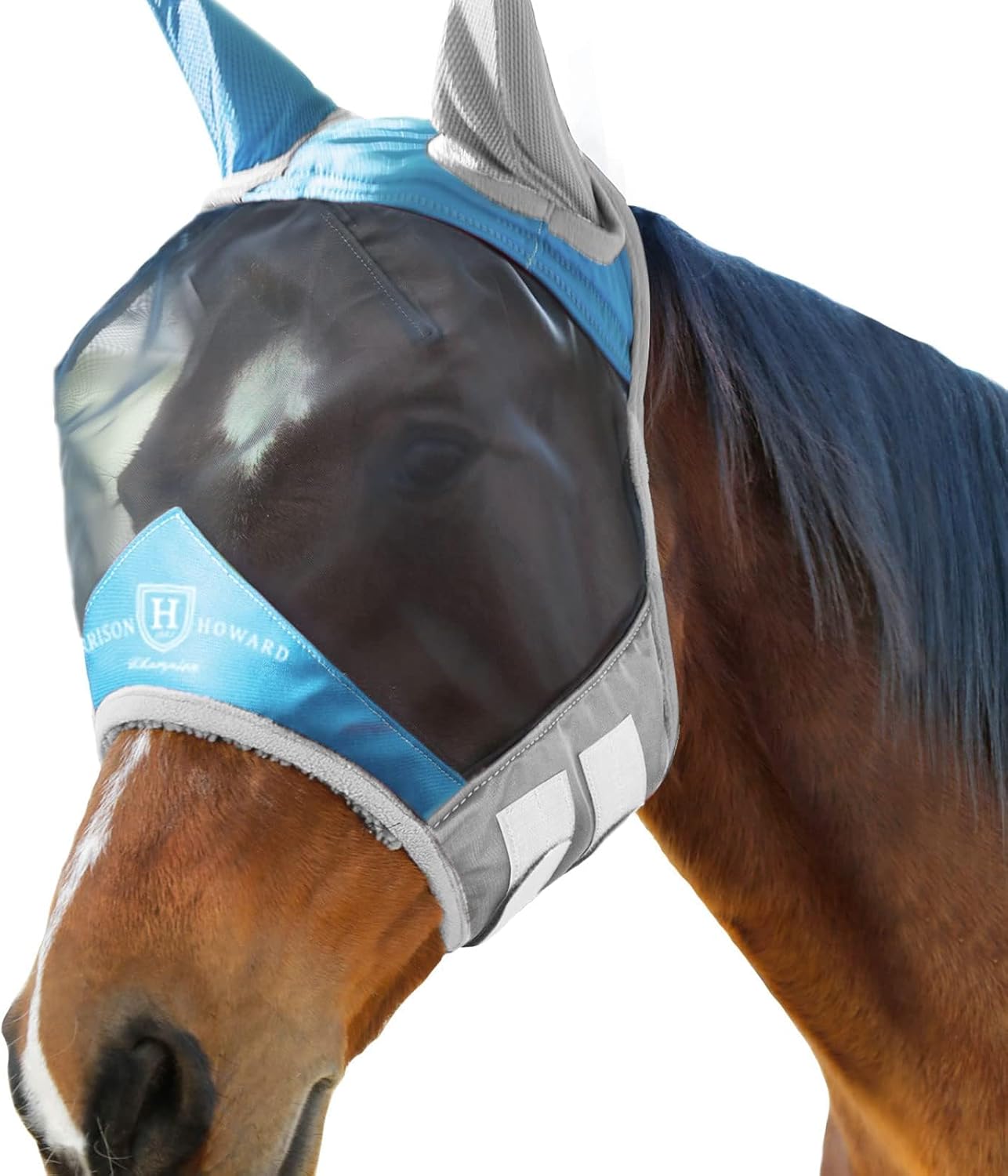 Harrison Howard Pro Luminous Horse Fly Mask Standard with Ears UV Protection for Horse Azure Blue/Silver Large Full Size