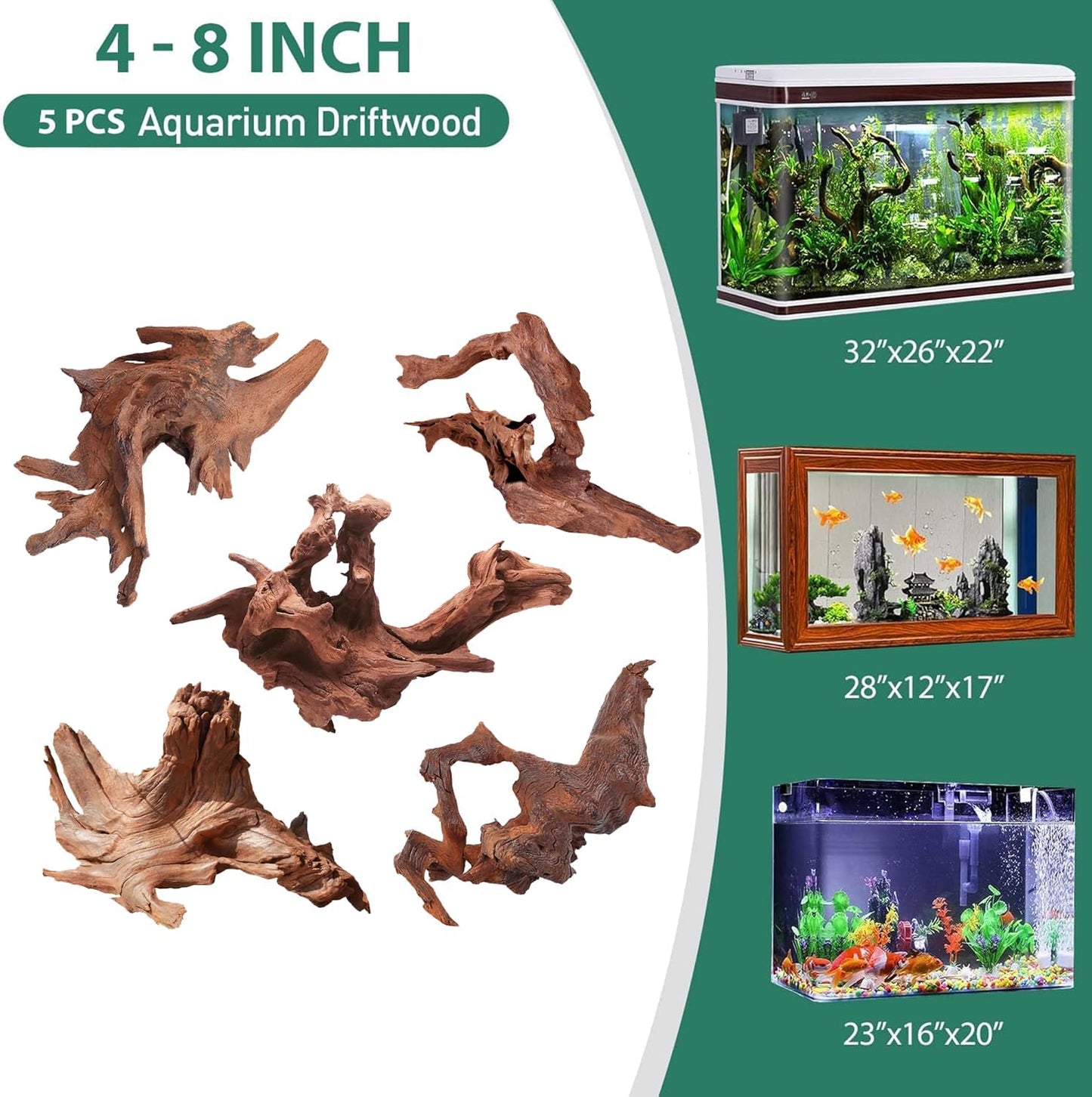 WDEFUN Natural Driftwood for Aquarium Decor, 5-Piece 5''-8'' Large Driftwood for Decorations on Fish Tank, Reptiles Bearded Dragon Accessories or Air Plants