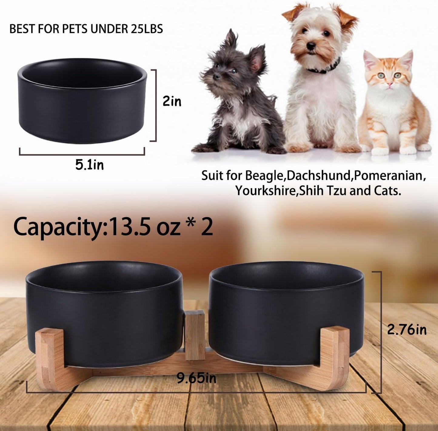 Petygooing Ceramic Dog Cat Bowls Set with Stand,Black Pet Food and Water Bowl,Small Dog Bowls Cute Modern Anti Slip Set of 2 Pet Feeder Small Size Pet Dish(13.5OZ/5.1 in)