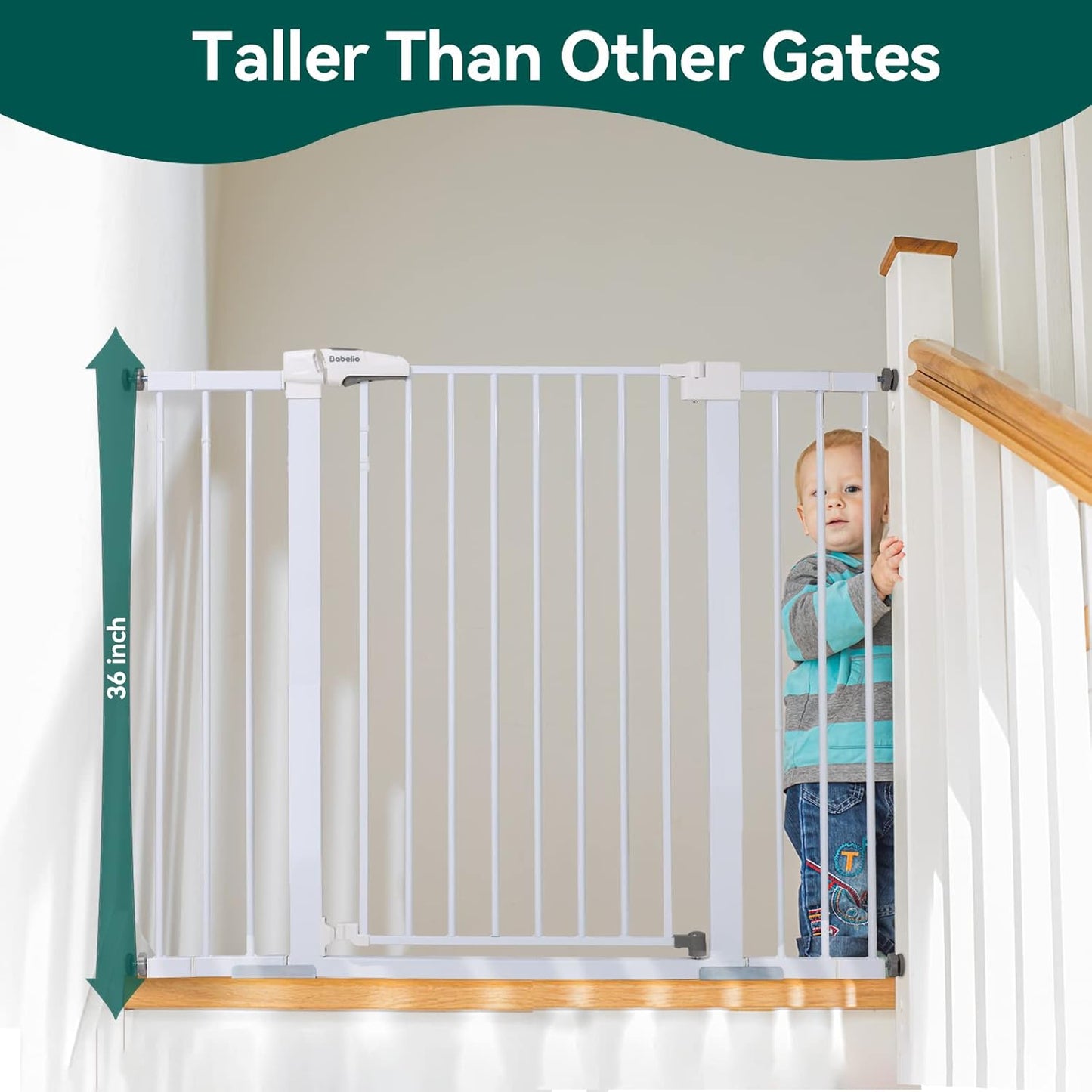 BABELIO 36" Tall Baby Gate, 29-48" Auto Close Pressure Mounted Dog Gate for Stairs, Doorways & Hallway, Protector Basics Easy Walk Thru Pet Gate, Metal Child Gate with 2*Y Spindle Rods, White