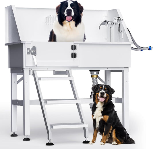 38" Dog Washing Station, Professional Stainless Steel Dog Bathing Station Dog Bathtub for Large & Medium Dog, Height Adjustable Dog Grooming Tub with Storage Basket, Movable Stair (Left Stair)