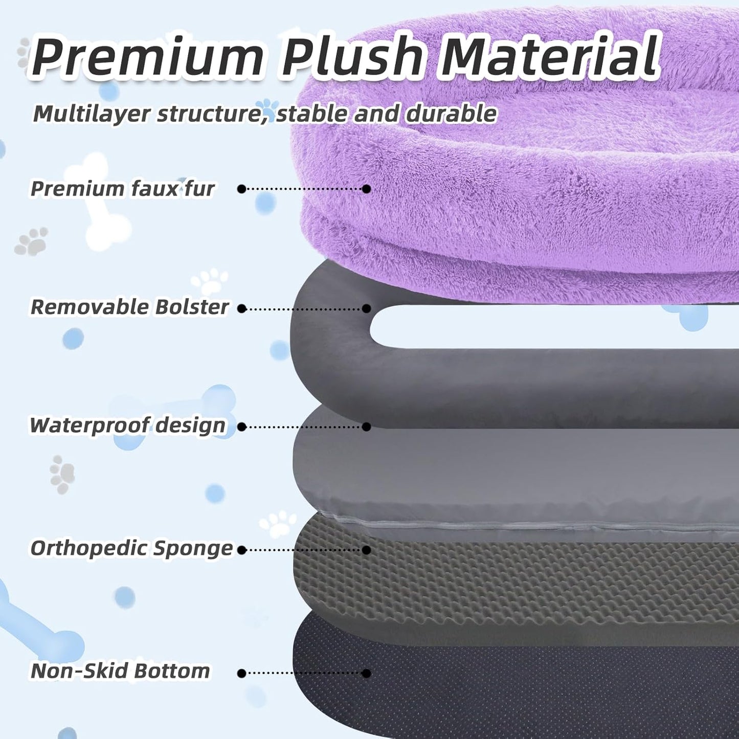 Human Dog Bed, 71''x45''x12'' Size Fits You and Pets, Washable Faux Fur Pet Bed for People Doze Off, Napping Orthopedic Dog Bed, Present Plump Pillow, Blanket, Strap - Purple