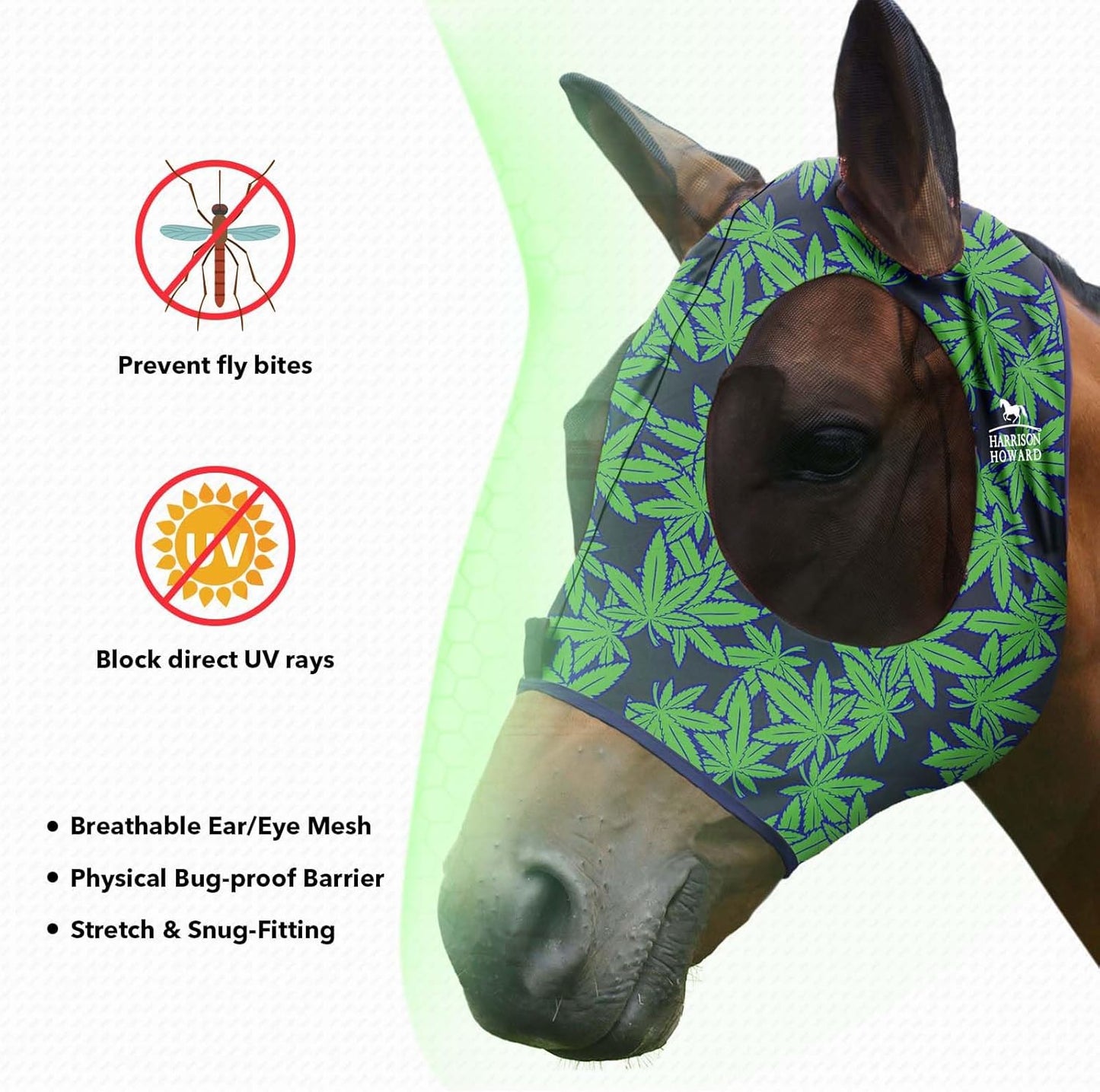 Harrison Howard Super Comfort Stretchy Fly Mask Large Eye Space with UV Protection Soft on Skin with Breathability Live Leaf M