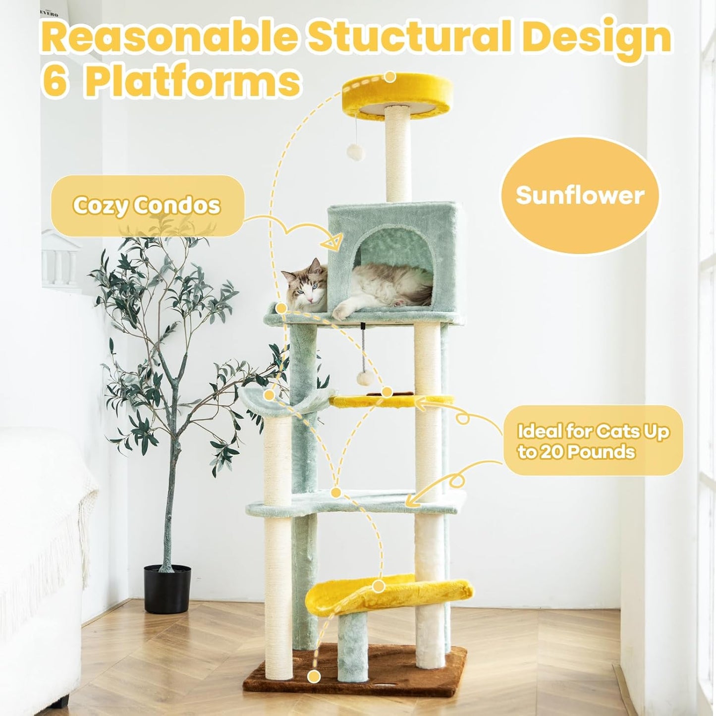 HYABi 65.5 Inch Sunflower Cat Tree Tower Multi-Level Cat Condo with Plush Scratching Posts, Toy Balls, and Pet House, Indoor Play Platform for Large Adult Cats, Cute Sunflower Design