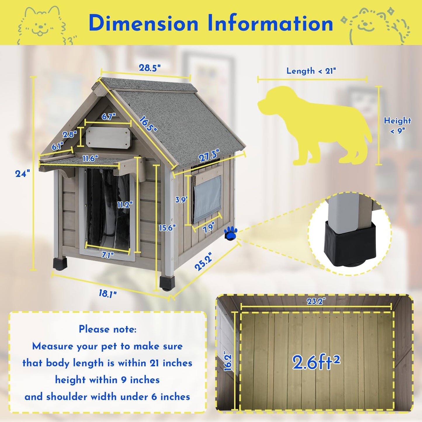 Outdoor Dog House Weatherproof Large Wooden Dog Kennel Indoor for Small Dogs with Chew-Proof Frame, Oxford Fabric Window, Removable Floor Pet Shelter (Grey, 18.1" D x 25.2" W x 24" H)