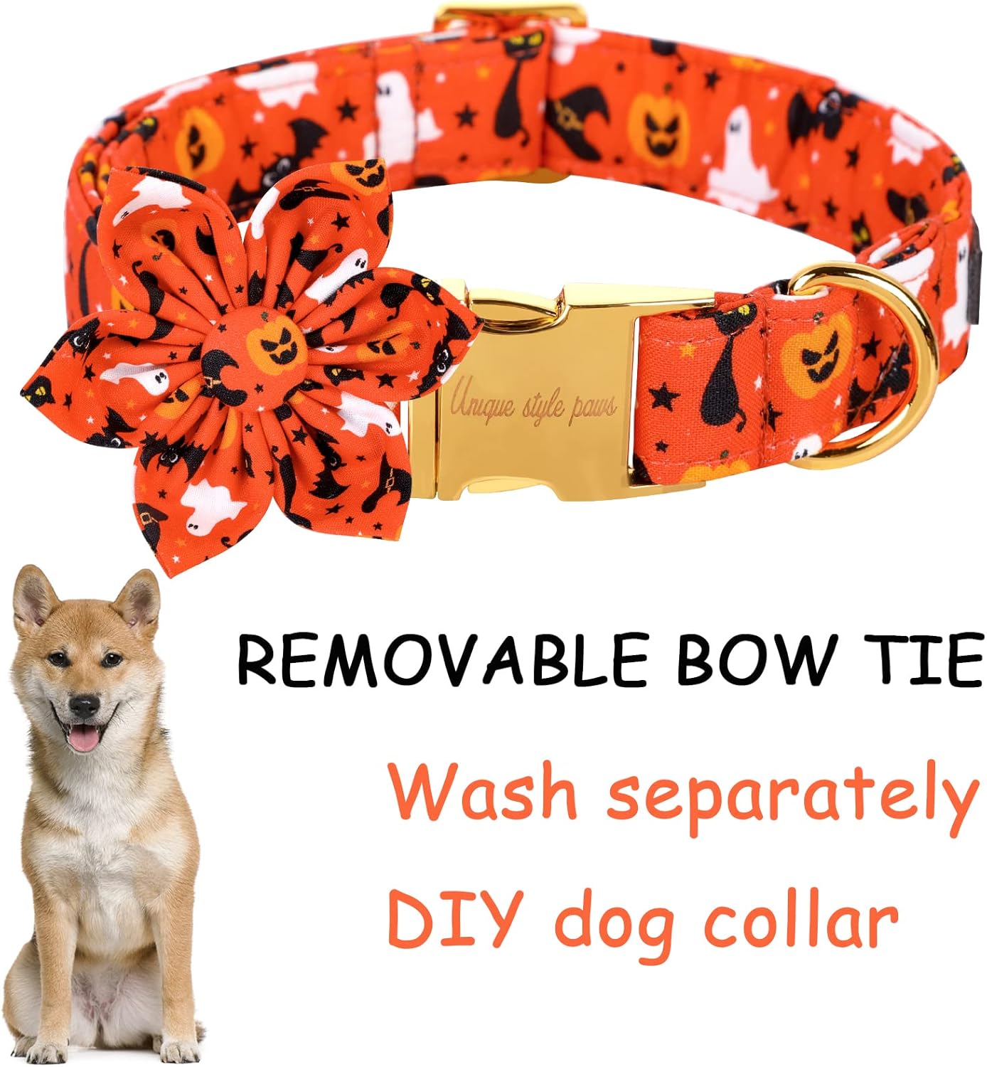 Unique style paws Halloween Dog Collar with Flower Tie Cotton Adjustable Puppy Collar for Small Medium Large Dogs-S