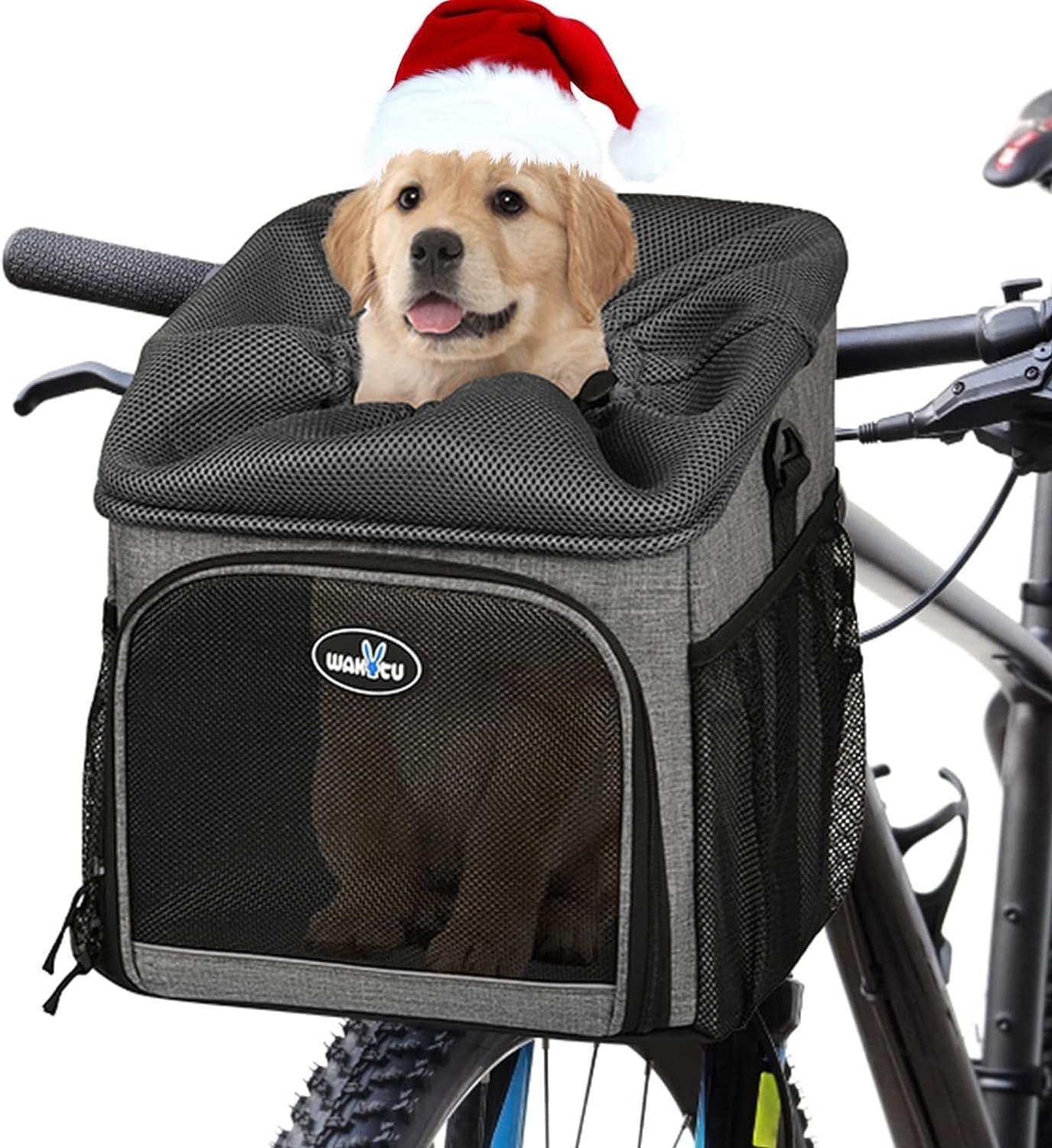 Dog Bike Basket Carrier, Pet Bicycle Front Carrier Backpack for Bike Riding Foldable Removable, Reflective Strips, 2 Side Storage Pockets, Pet Travel Bag for Cats Small Dogs