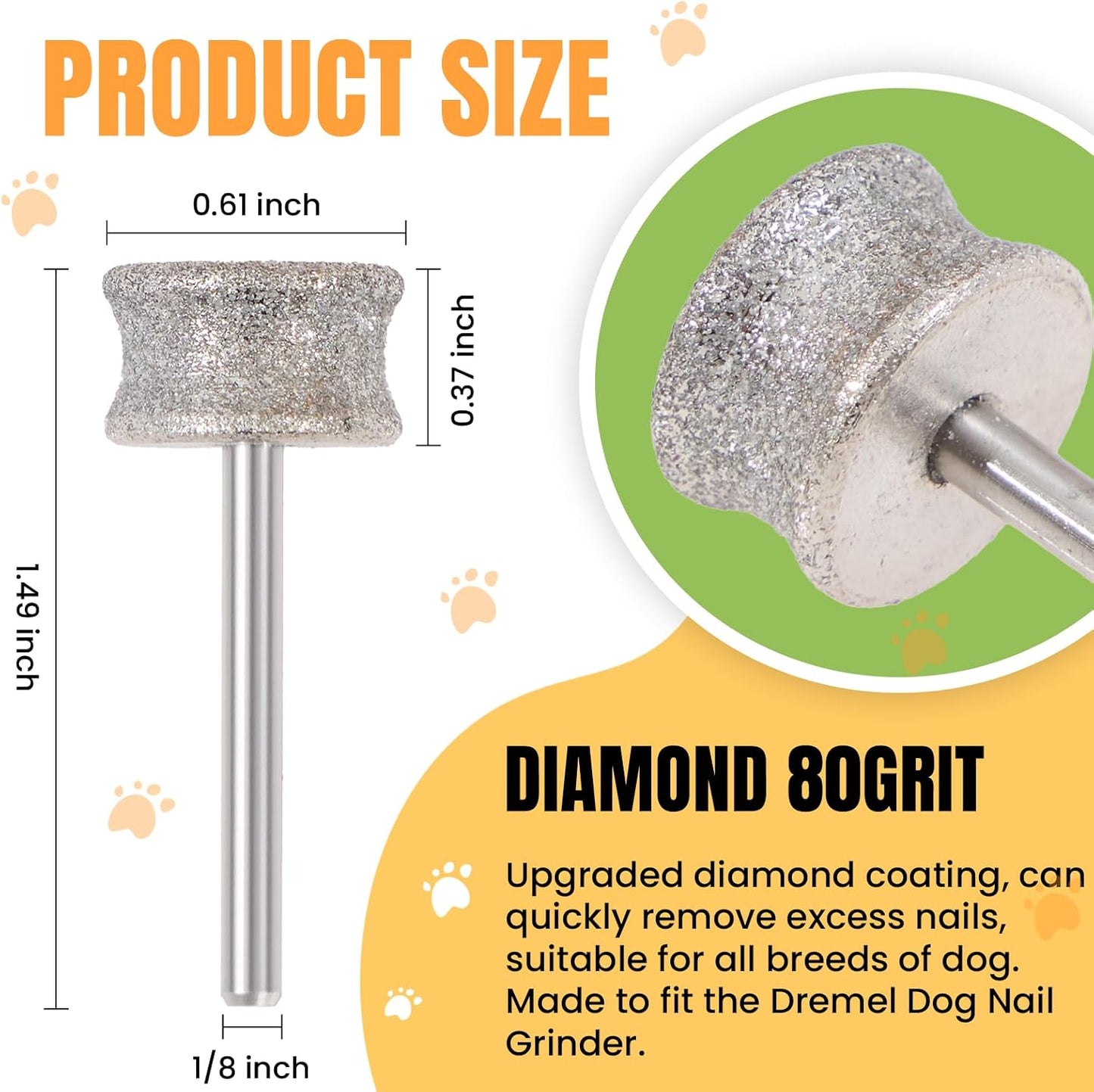 CAELUM Diamond-Coated Pet Nail Grinder Bit, 1/8” Shank for Dremel Nail Tools, Durable & Low-Noise Nail Trimmer for Dogs, Top & Side Grinding, Gentle, Precise Nail Grooming（80grit）