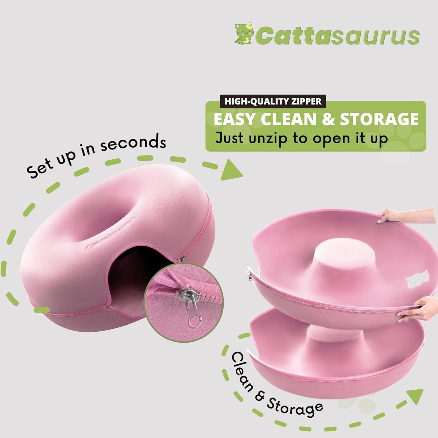 Cattasaurus Peekaboo Cat Cave for Multiple & Large Cats Up to 30-45 Lbs, Scratch Detachable & Washable Tunnel Bed, Comfy Donut Cat Cave (Pink, Jumbo)