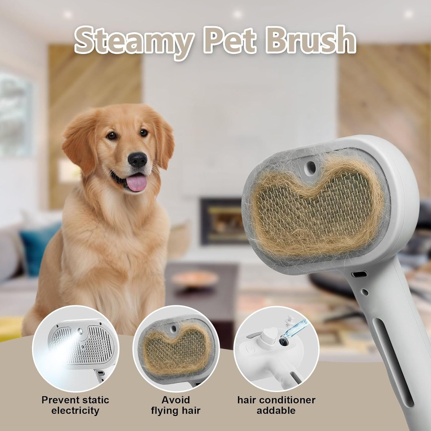 ‌3-in-1 Pet Steam Brush with Self-Cleaning & Cool Mist‌ – Portable Grooming Tool for Cats & Dogs, Long-Lasting Shedding Control & Detangling, Refillable Water Tank & Fast Charging