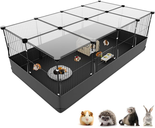 Tresbro Guinea Pig Cage with Top Cover & 12 Panels, Triple Fixing Measures Small Animal Playpen with Waterproof PVC Liner & One-Motion Hooks, 48 x 24 x 16 C&C Grids Cage for Bunny, Hedgehog, Hamster
