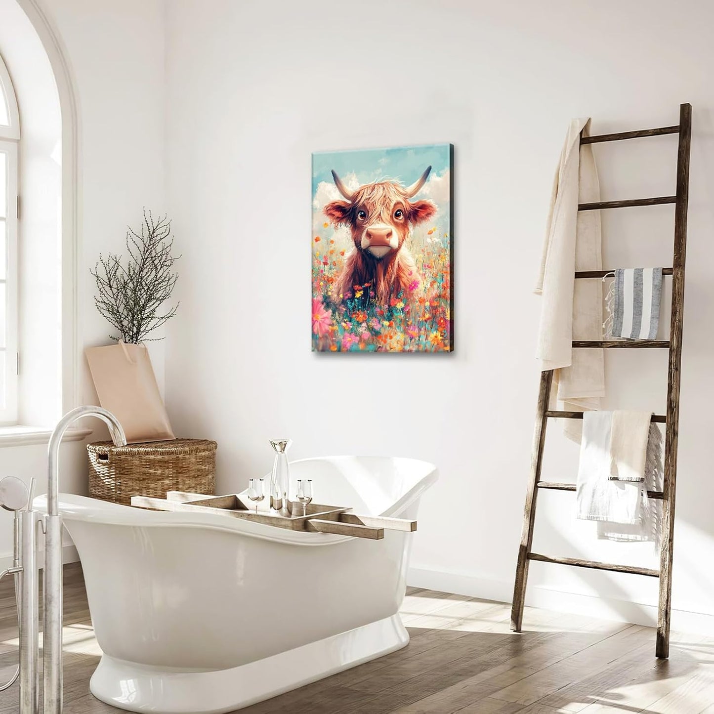 Highland Cow Wall Art Canvas Flower Cattle Wall Decor Prints Framed Painting Animal Pictures Gifts Artwork for Bathroom Living Dining Kitchen 16"x24"