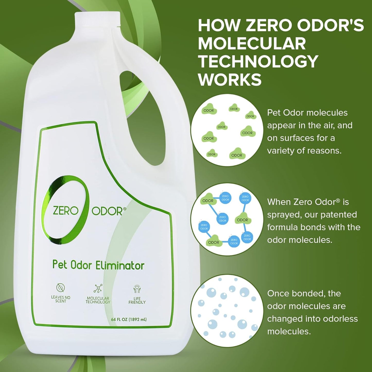 Zero Odor - Pet Odor Eliminator for strong odor, Eliminate Air & Surface Odors – Patented Molecular Technology Best For Carpet, Furniture, Beds Smell Great Again, 64oz Refill