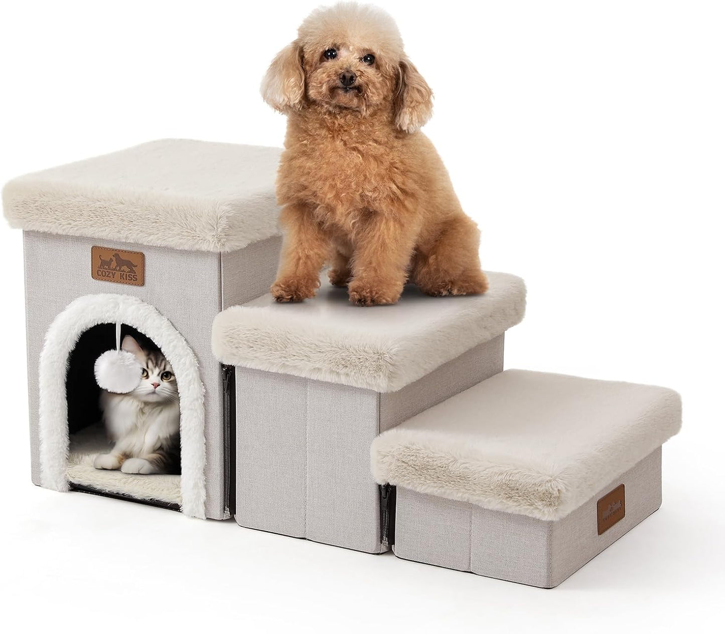 Dog Stairs for Small Dogs with Storage and Condo, 14" H Foldable Pet Stairs for Small Medium or Puppy Dogs and Older Cats, Dog Steps for Bed or Couch, 13x27x14 inch, 3 Tiers, Beige