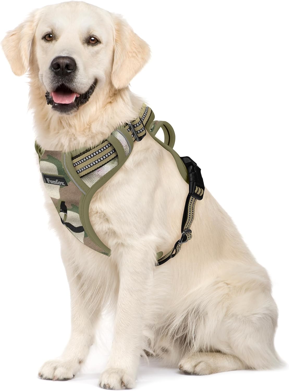 Funfox Dog Harness No Pull, Adjustable Pet Vest Harness, Super Soft Material with Vertical Handle Easy Control, Reflective Night Walking, 2 Leash Clips for Small Sized Dogs, Camo Green, S