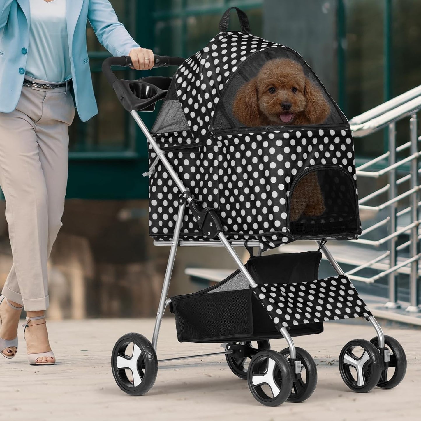 Magshion Foldable Pet Stroller, 3-in-1 Dog Travel Jogger with Detachable Carrier, Cup Holder, Storage Basket, Folding Carrier for Small/Medium Dogs & Cats Up to 33 lbs, Black Polka Dots