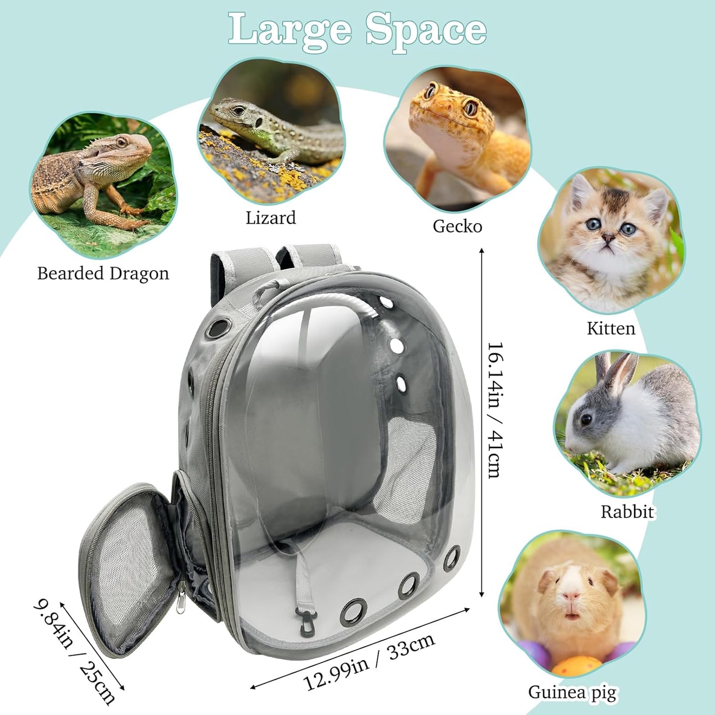 PINVNBY Bearded Dragon Carrier Backpack with Harness and Leash Set Large Reptile Travel Carrier Portable Lizard Backpack Clear Bubble Window Small Animal Carrying Bag for Gecko Kitten Rabbit (Gray)