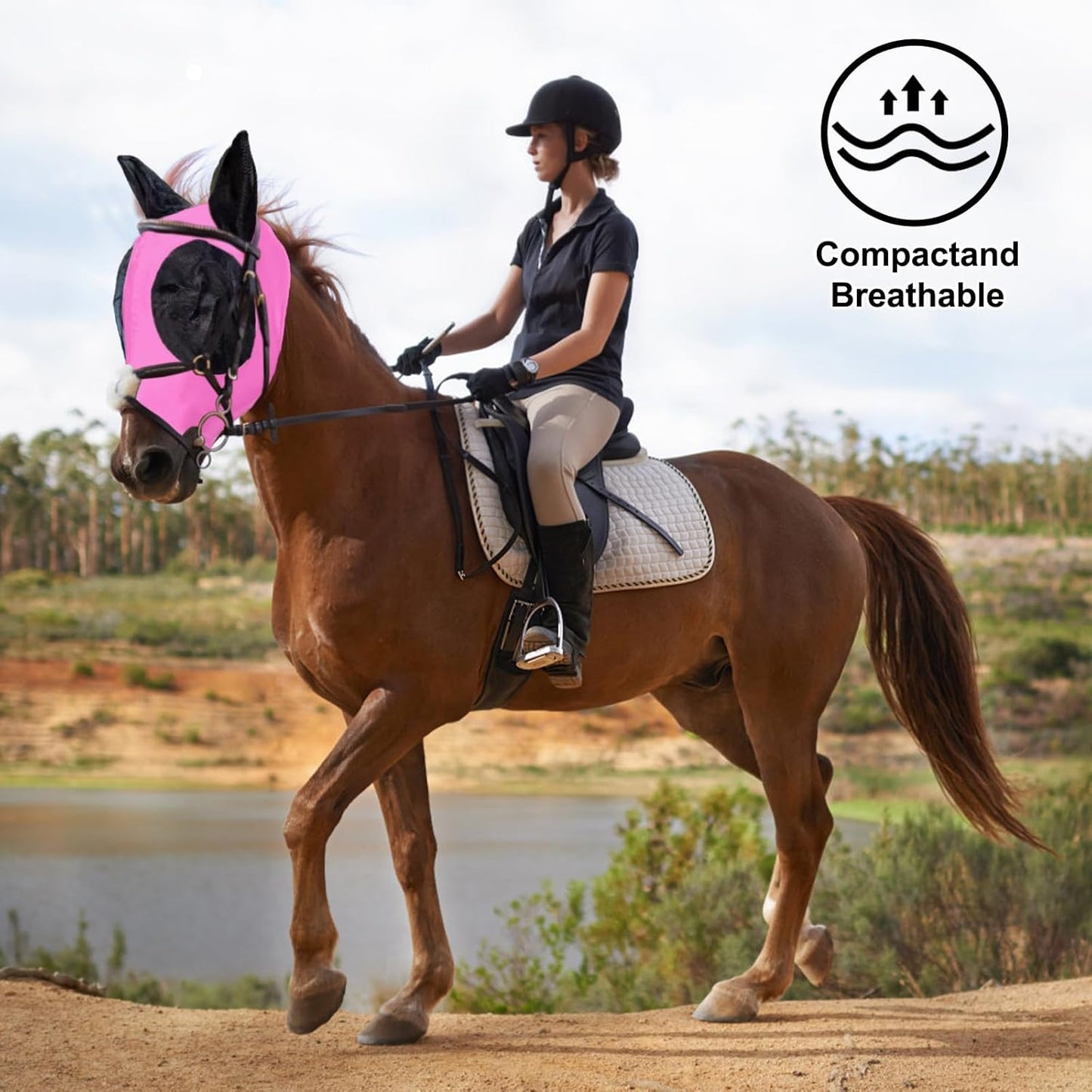 Horse Fly Mask with Ears, Comfortable Fit Stretch Fabric with UV Protection Soft on Skin Breathability for Small/Medium Size Horses (Pink)