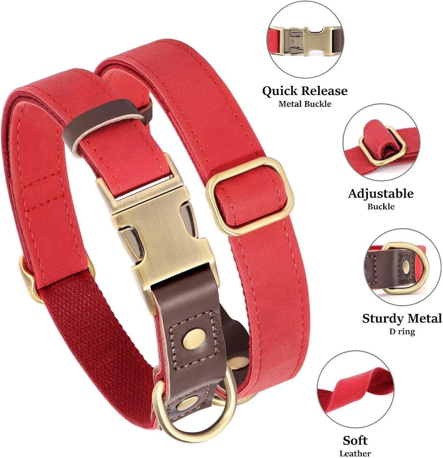 Didog Soft PU Leather Dog Collar for Large Dogs,Classic Adjustable Dog Collars with Quick Release Metal Buckle,Easy Clean and Comfortable with Nylon Lining,Red,L Neck 15-23"