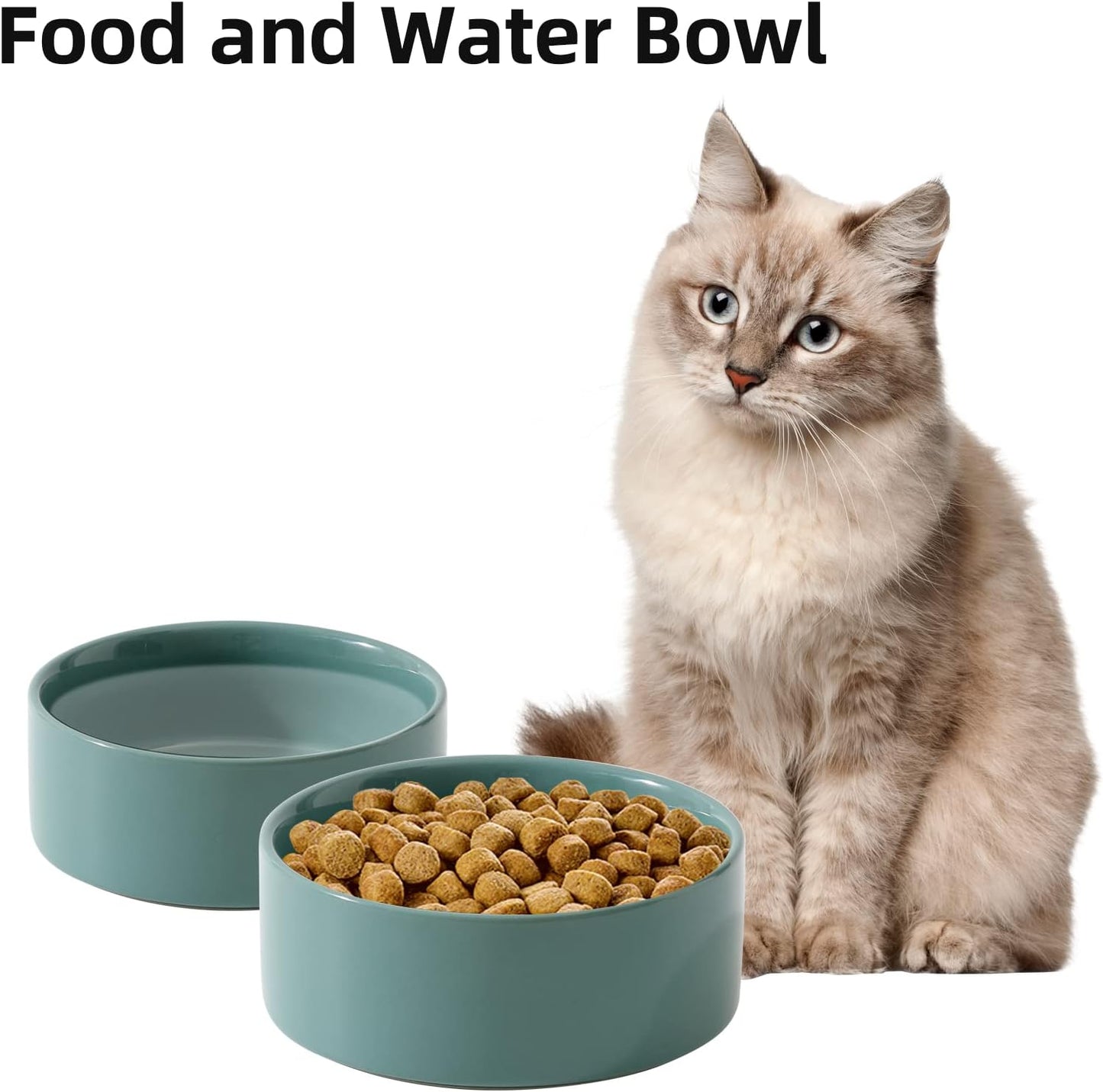Ceramic Set of 2 Cat Bowls, Food and Water Bowls for Cats, Kitty, 2pcs Cat Dishes, Pet Feeder(5.1inch, 2 x Light Green Bowls)