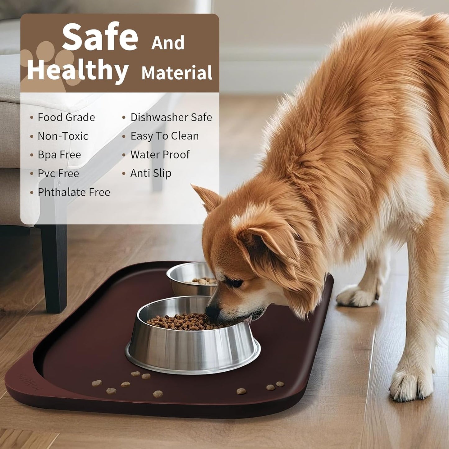Silicone Pet Feeding Mat with Raised Edge & Residue Collection Pocket for Food and Water, Dog Bowl Mats, Cat Bowls Placemat with High Lip for Floor Waterproof, 24 x 16 x 0.8 Dark Brown
