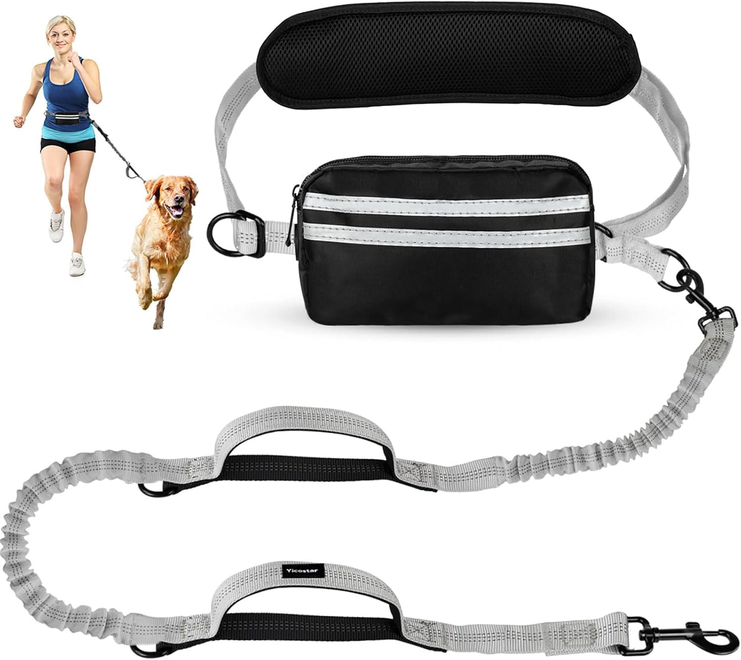 Hands Free Dog Leash, Adjustable Waist Belt with Double Padded Handles, Retractable Bungee for Medium & Large Dogs, Waist Leash for Dog Walking, Running, No Pull, Grey