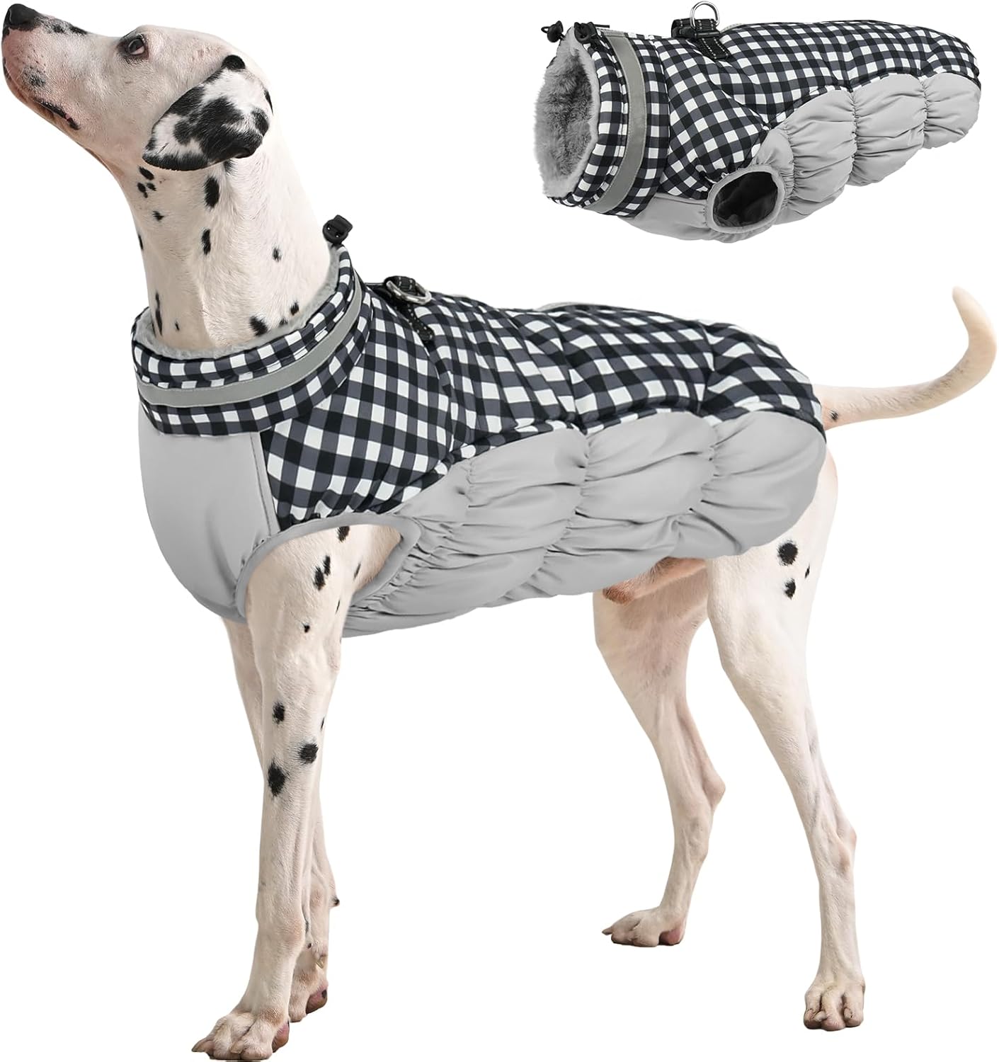 FUAMEY Dog Coat for Large Dogs,Waterproof Dog Winter Jacket with Harness Built in Puppy Cold Weather Coats Reflective Pet Vest with Zipper Warm Fleece Dogs Snowsuit Windproof Checkerboard L