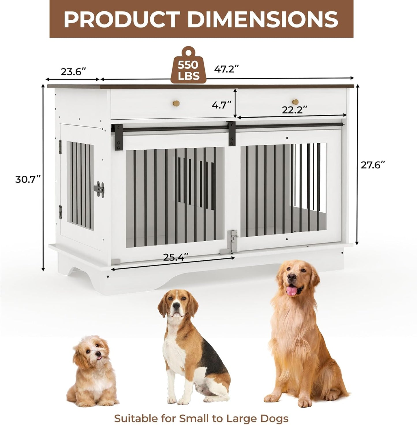 Dog Furniture Crate, 47" Large Dog Crate Furniture w/ 2 Storage Draws & Removable Divider for Large/Medium/Small Dogs (White, One Cage)