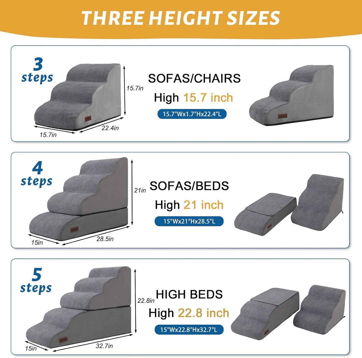 4-Step Dog Stairs and Ramp for Beds or Couches – Non-Slip Sturdy Pet Steps for Small Dogs and Cats,21" H,Grey