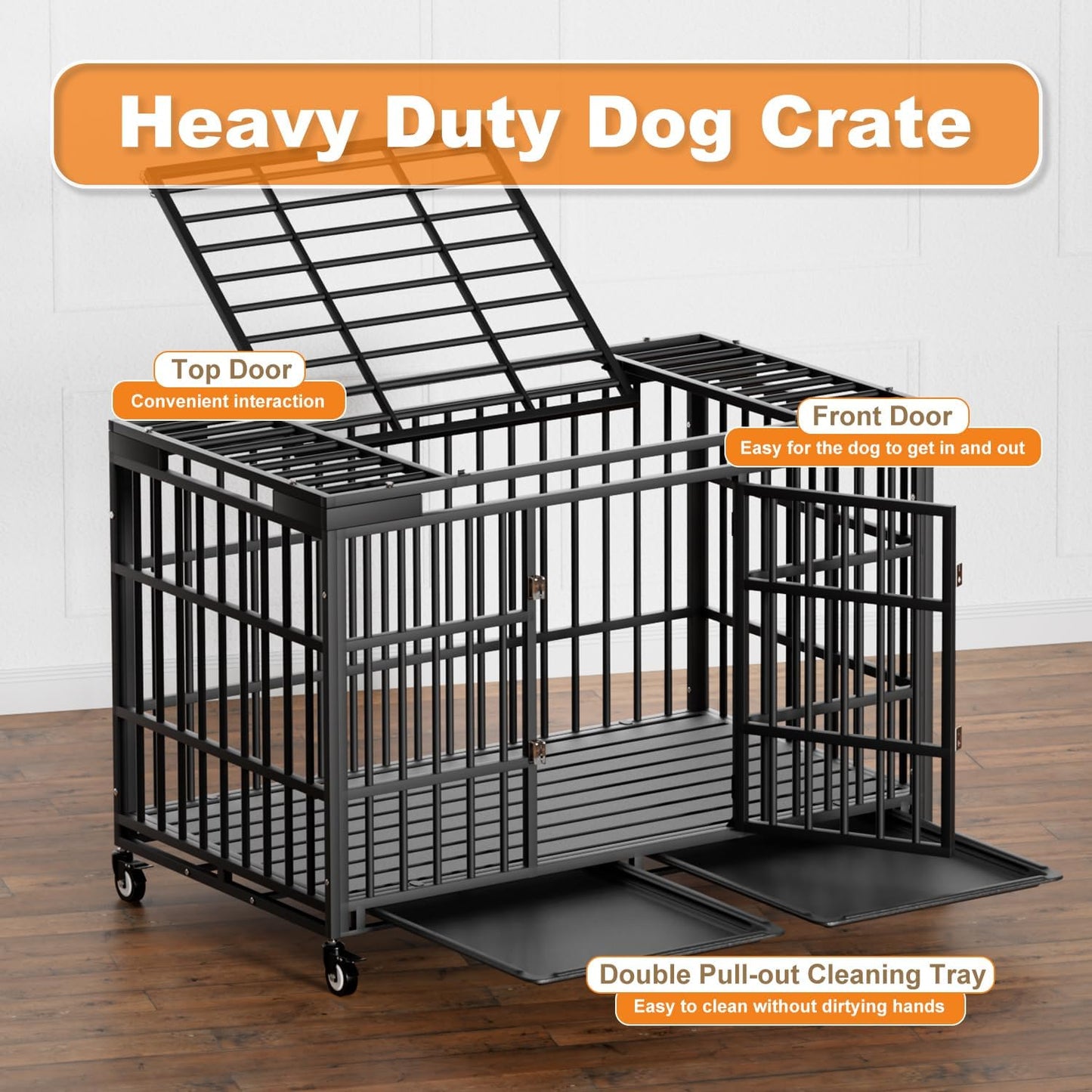 54 Inch Heavy Duty Dog Crate with Wheels,Indestructible Escape-Proof Dog Kennel with Locking Latch and Double Door,Extra Large XL XXL Crate Indoor for Large and Medium Dog with Removable Tray