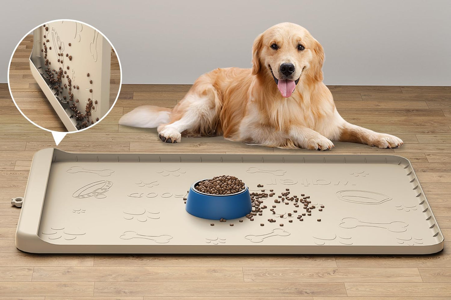 Silicone Dog Feeding Mat - 36" x 24" Large Pet Mat with Residue Collection Pocket and High Edges - Waterproof Mat for Dog and Cat Bowls
