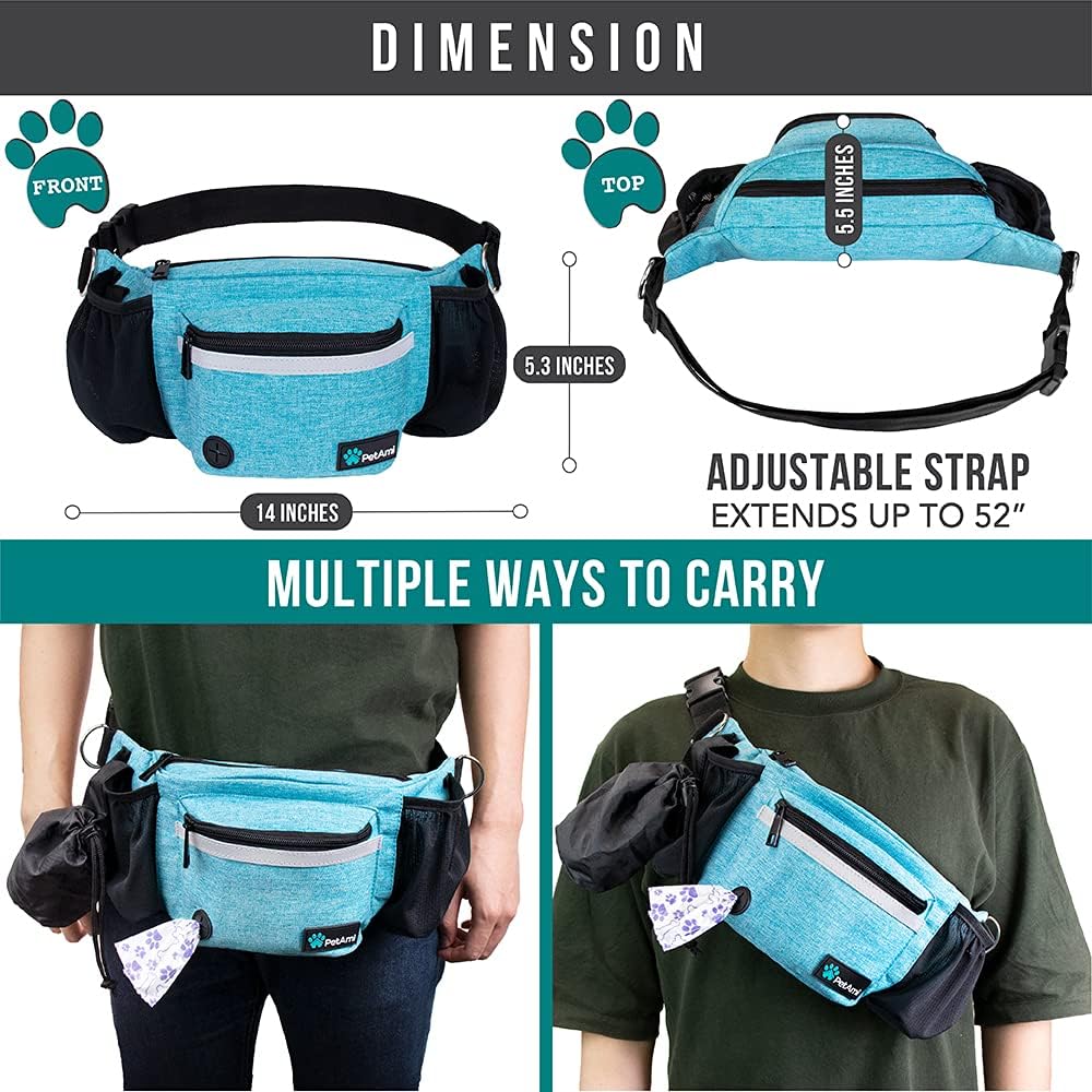 PetAmi Dog Fanny Pack, Treat Pouch for Dog Walking, Training, Built in Poop Bag Dispenser, Water Bottle Holder, Collapsible Bowl, Pet Treat Waist Belt for Hiking, Running, Kibbles (Turquoise)
