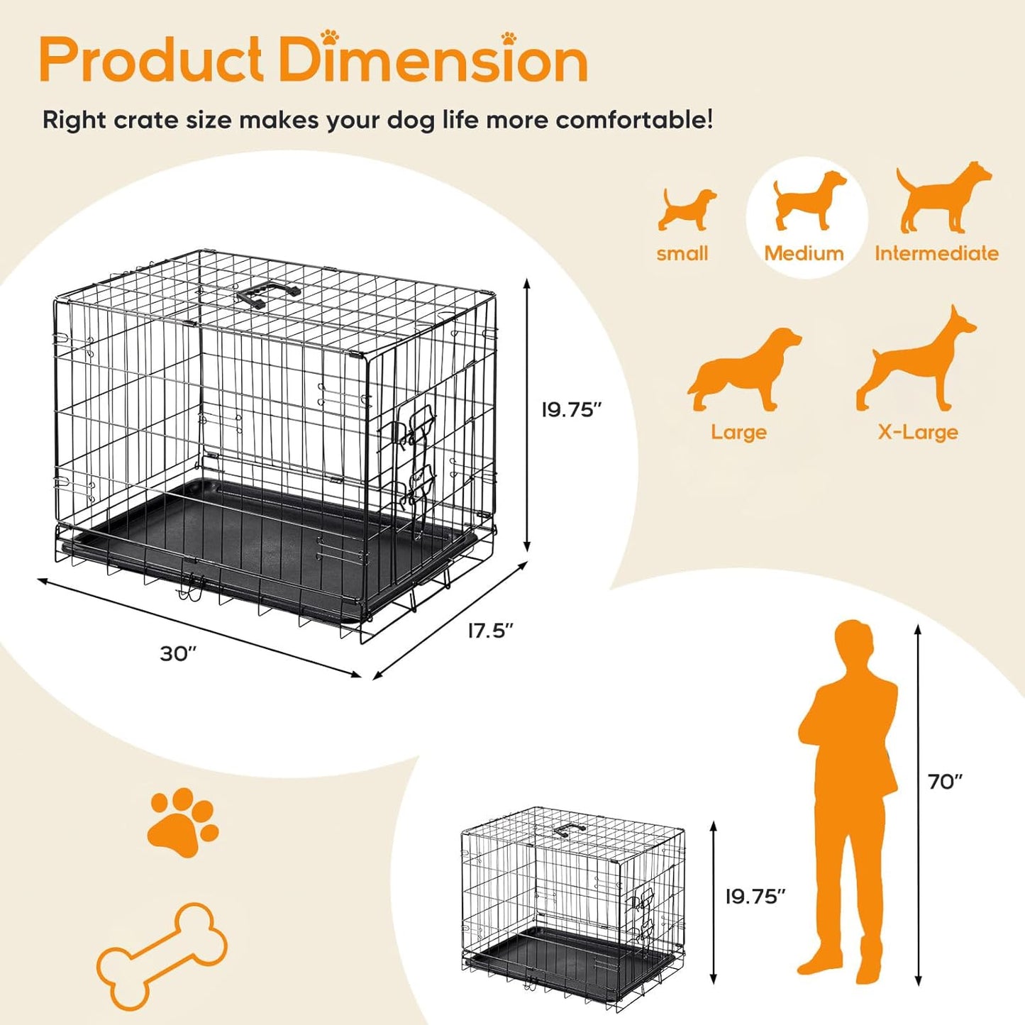 Dog Crate, 30 Inch Medium Wire Kennel with Divider Panel, Metal Cages with Double Door, Leak-Proof Pan Tray, Folding Portable for Indoor Outdoor Travel