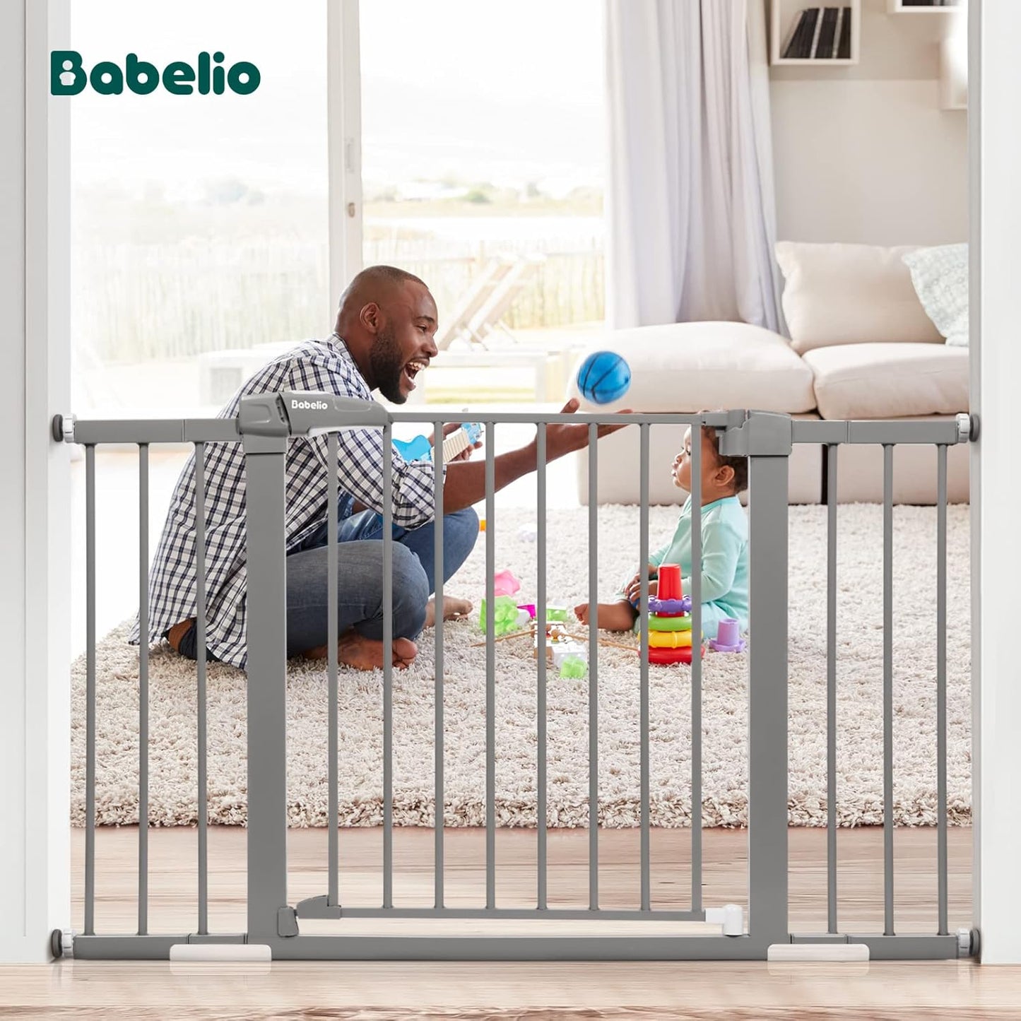 Babelio Metal Baby/Pet Gate, 29-48'' Auto Close Easy Install, Extra Wide Walk Thru for Child Safety, Pressure Mounted Dog Door for Doorways & Stairs, with Y Spindle Rods, Grey
