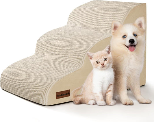 3-Step Dog Ramp and Stairs for Sofa and Chair - Non-Slip Sturdy Pet Steps for Small Dogs and Cats,15.7" H,Beige