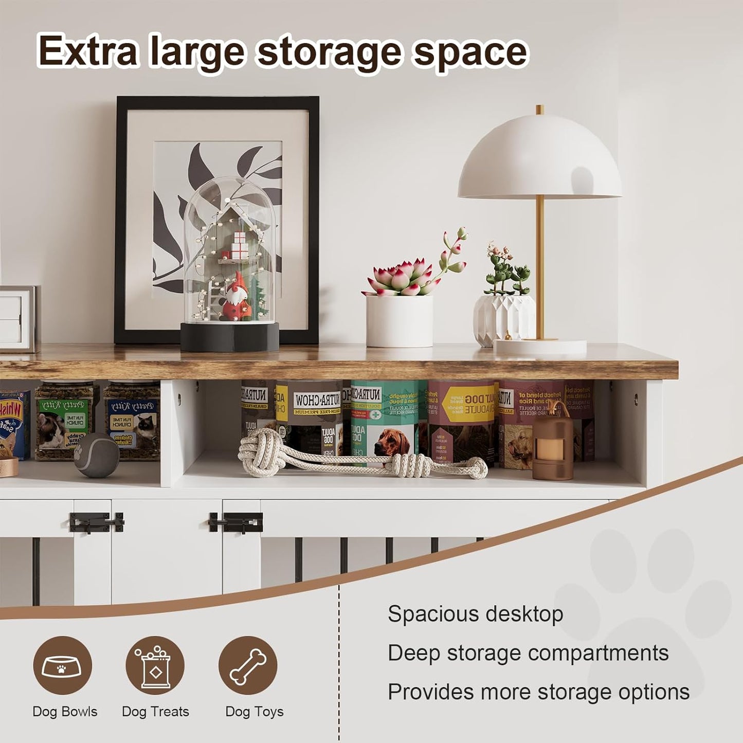 Dog Crate Furniture for 2 Dogs, 55 Inch Dog Crate Indoor with Removable Divider and Shelf Storage, Wooden Dog Crates for Medium/Large Dogs, White