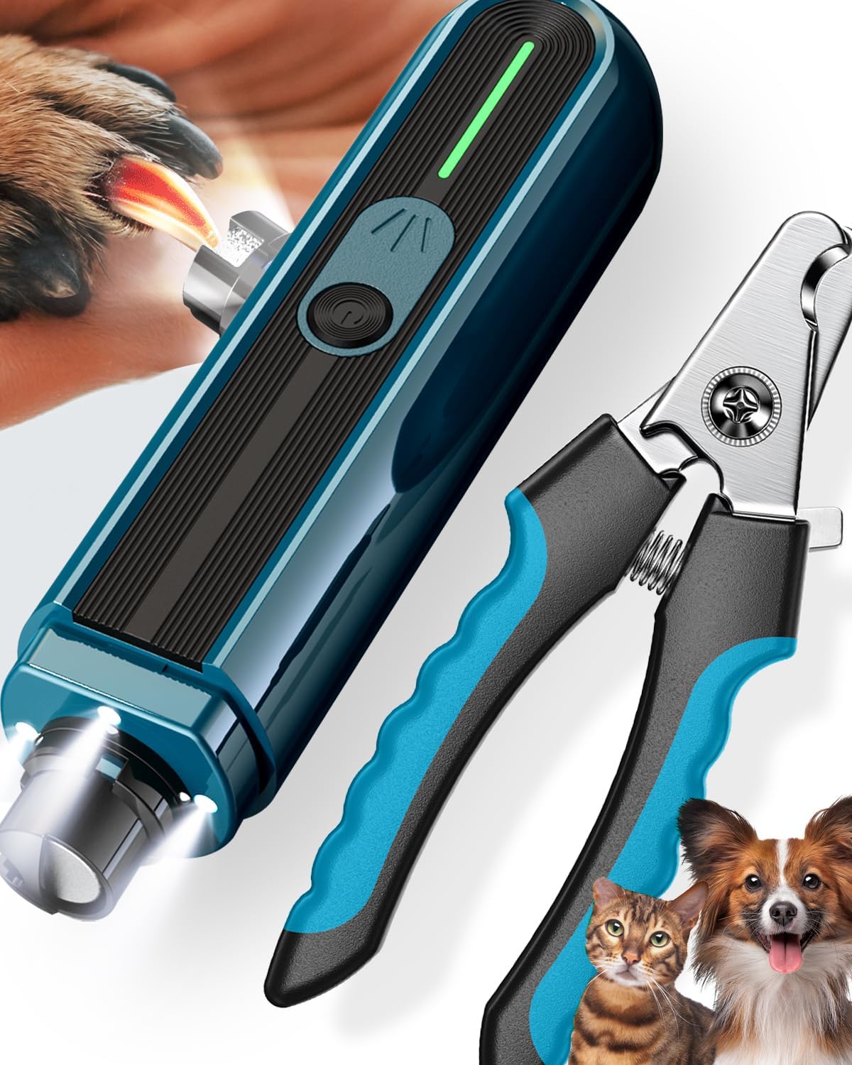 Super Powerful Dog Nail Trimmers, Dog Nail Clipper and Dog Nail Grinder Combo, Ultra Quiet, 3 Speeds, 4 Bright Lights, with Travel Lock, for Small, Meddium and Large Dogs, Cats, Small Animals