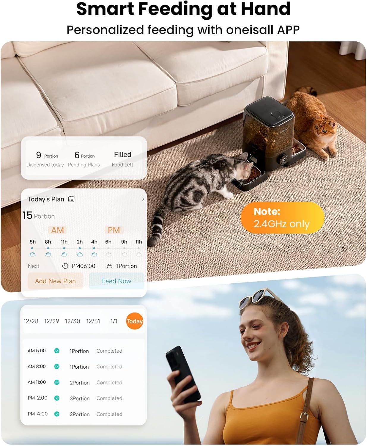 oneisall Wireless WiFi Automatic Cat Feeders 2 Cat, Rechargeable 100-Day Battery Operated Timed Cats Feeder, 20 Cups/5L Cats Food Dispenser Automatic for Large Kibble, Smart App Control.