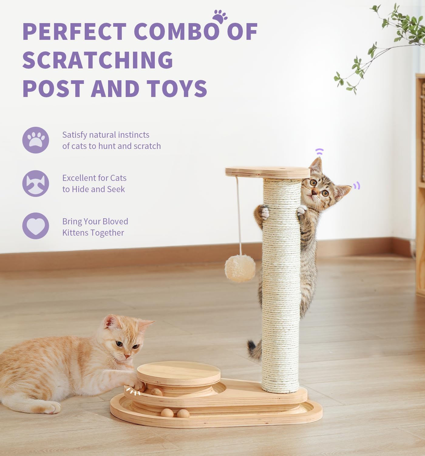 Made4Pets Cat Scratching Post Cat Scratcher Kitten Toys for Indoor Cats Wooden Ball Track Two-Layer Modern Sisal 17.7" Tall Scratch Post Interactive Toy with Dangling Ball