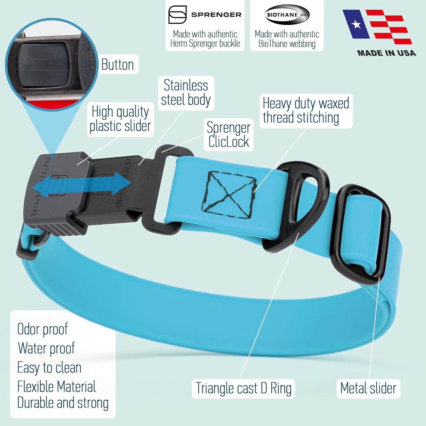 Dogline Biothane Waterproof Dog Collar with Herm Sprenger Stainless Steel Quick Release Buckle – Heavy Duty Tactical Durable Collar for Dogs – Comfortable and Safe Pet Collar, W 3/4" L 12-19" Sky Blue