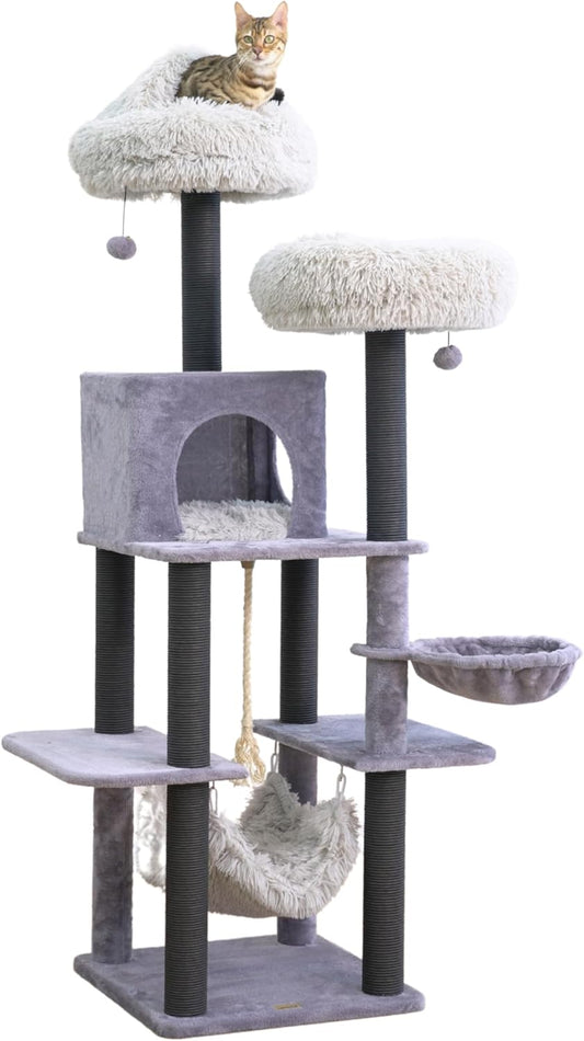 Catry Bradbury 7-Level 62.5” Modern Cat Tree with Replaceable Scratching Posts,Big Condo,Two Washable Beds, Two Hammocks,Quick Assembly, for Multi-Cat Homes(Cloud Gray)