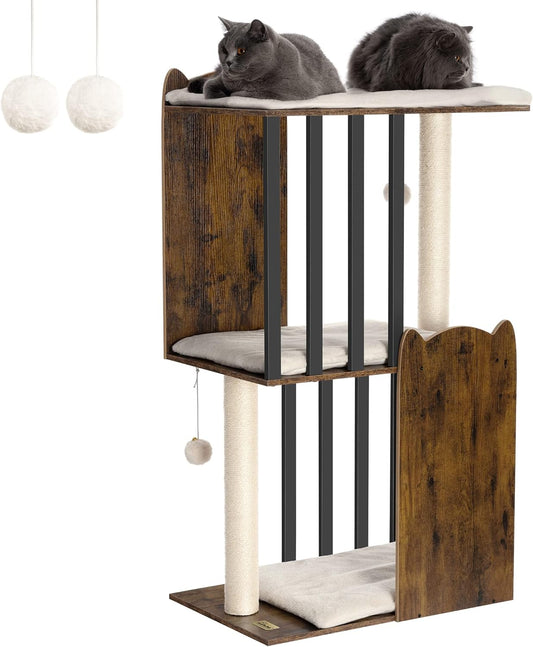 FourFurPets 43.8in 3-Tier Modern Cat Tree Tower Condo, Cat Scratch Posts for Indoor Cats, Big Plate, Two 19.7in Full Sisal Scratching Posts, Rustic Brown