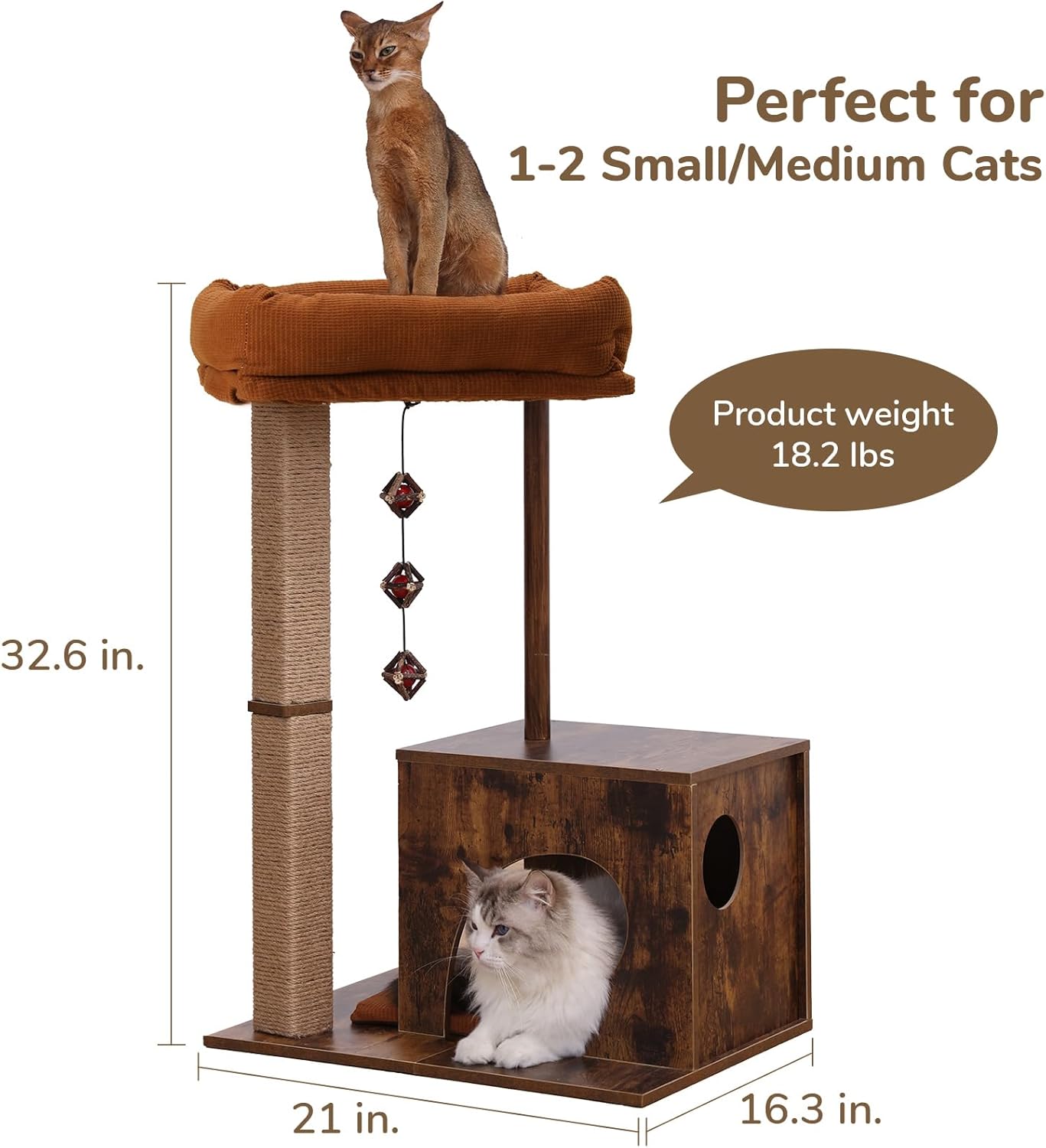 FUKUMARU Cat Scratching Post, Modern Style Cat Tree with Unique Square Post, Wooden Cat Tower with silvervine Balls, Retro Cat Condo Scratcher for Indoor Cats（Solid Wood）