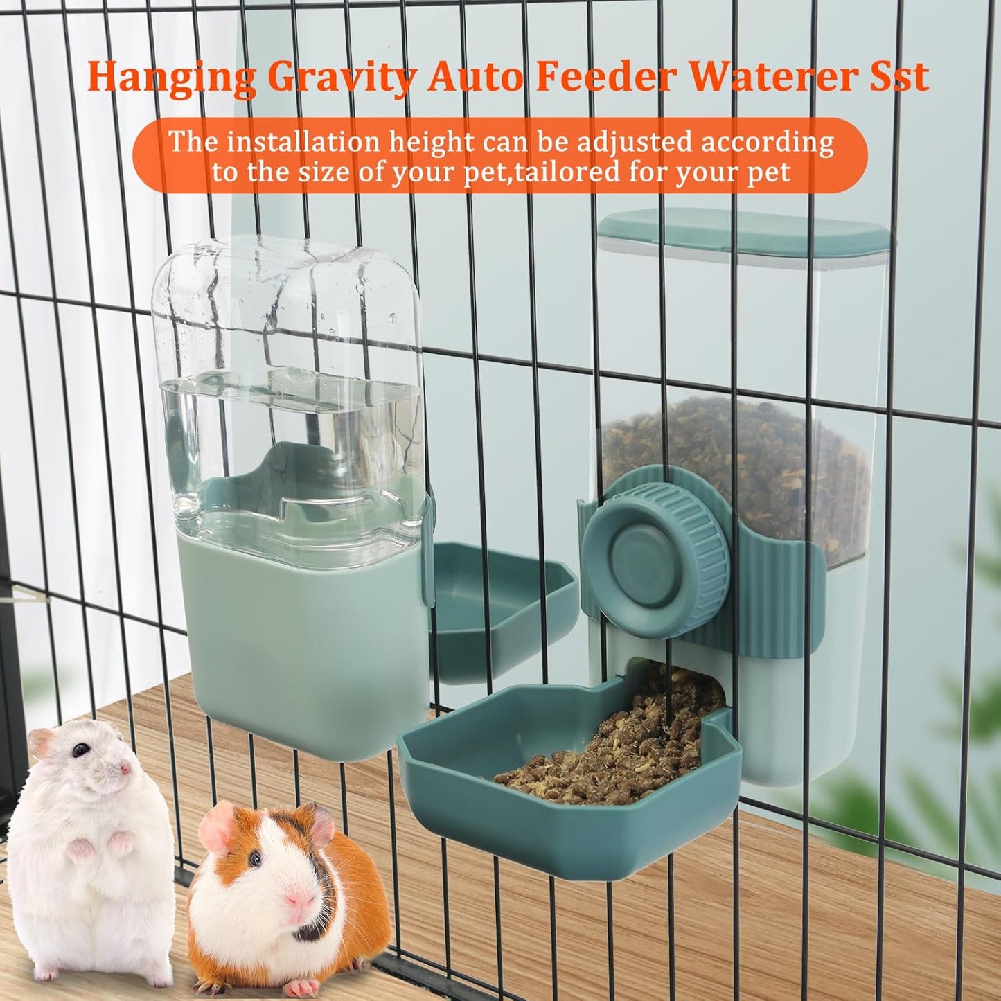 Automatic Gravity Pet Feeder Water Dispenser with Adjustable Hanging Hook - Large Capacity for Small/Medium Animals (Guinea Pigs, Cats, Rabbits, Hedgehogs, Ferrets) (Blue)