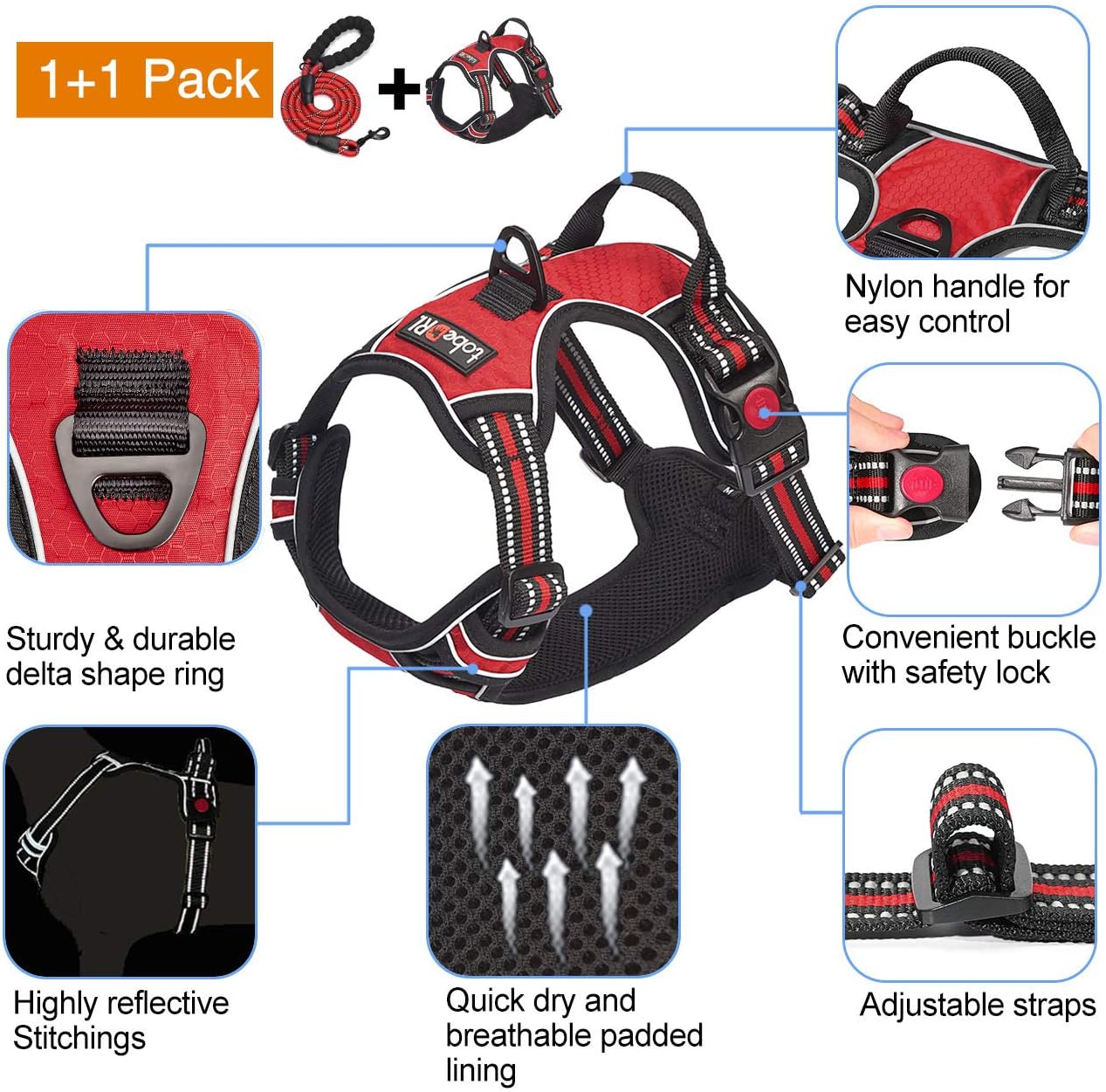 No Pull Dog Harness Adjustable Reflective Oxford Easy Control Medium Large Dog Harness with A Free Heavy Duty 5ft Dog Leash (M (Chest: 22"-26"), Red Harness+Leash)