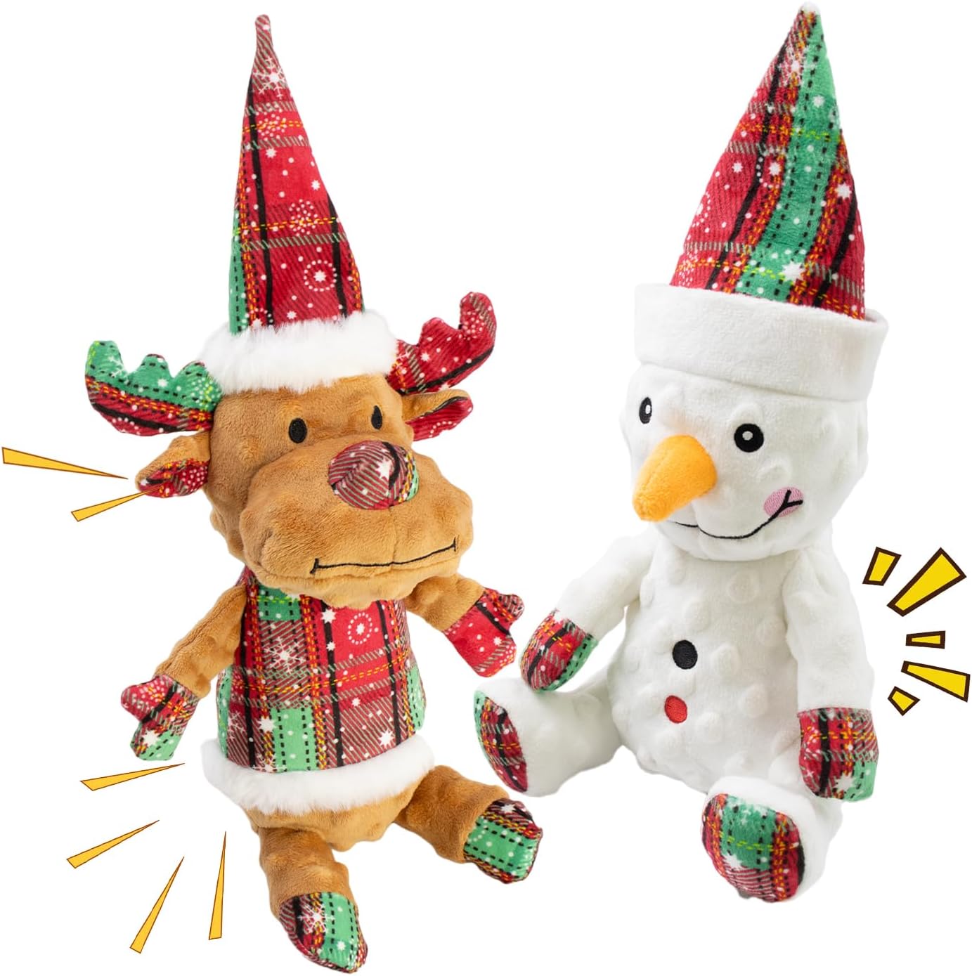 Christmas Dog Toys Squeaky 2-Pack Interactive Puppy Teething Chew Toy Deer Snowman Shape with Crinkle Sound Paper Tail Stuffed,Keep Them Busy, for Large Medium Small Breeds