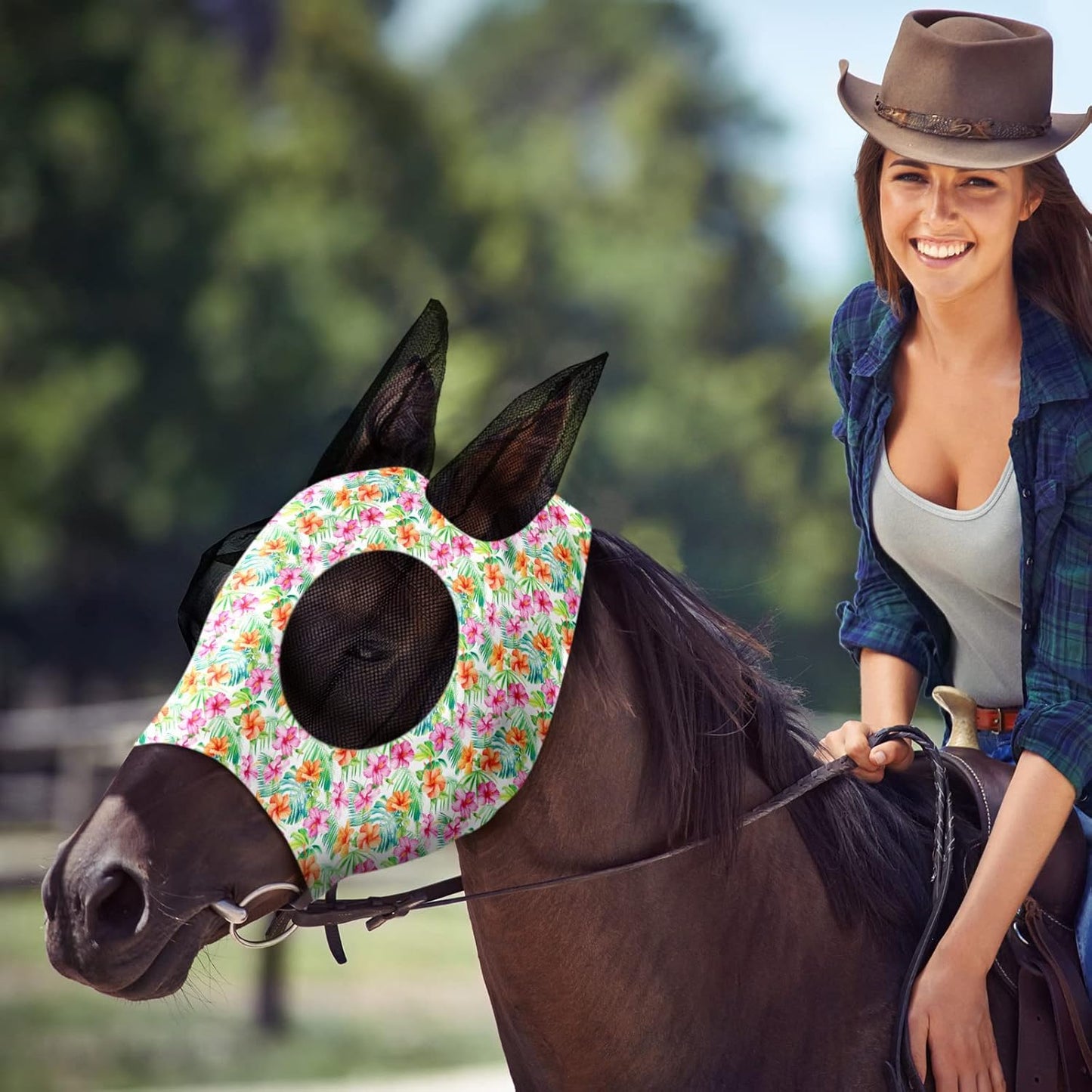 Chunful 6 Pcs Horse Fly Masks with Ears Smooth and Comfortable Cashel Mesh Fly Mask Elasticity Breathability UV Protection Horse Face Covering for Riding Supplies(Flamingo,Large)