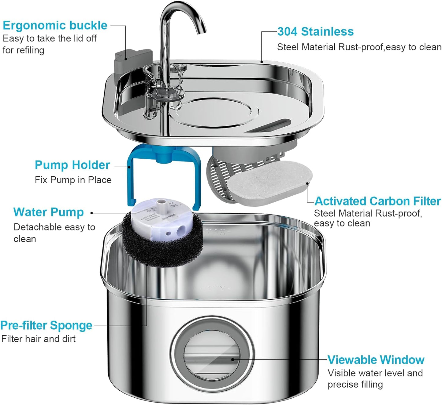 Cat Water Fountain, 3.2L/108oz Stainless Steel Pet Water Fountain, cat Fountain with Super Quiet &Transparent Window Design- Water Fountains for Cats Indoor