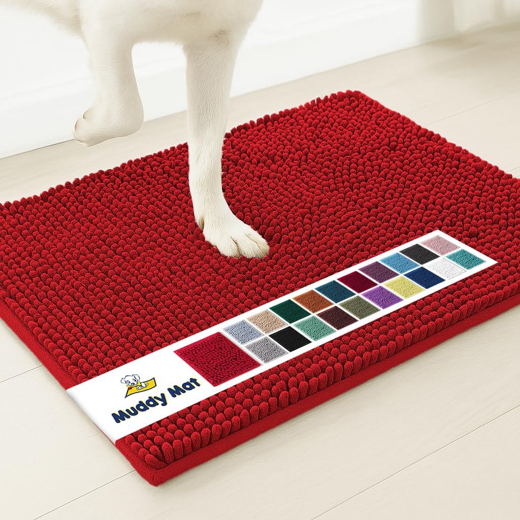 Muddy Mat® Shown on TV – Super Absorbent Microfiber Dog Door Mat for Muddy Paws, Non-Slip Washable Pet Rug, Quick Dry Chenille Entryway Carpet, Machine Washable Indoor Outdoor mat, Red 30"x19"